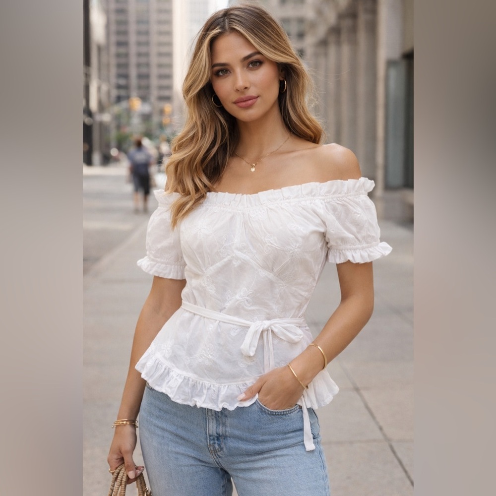 Buffalo David Bitton White Embroidered Ruffled Off-Shoulder Blouse – Size Small